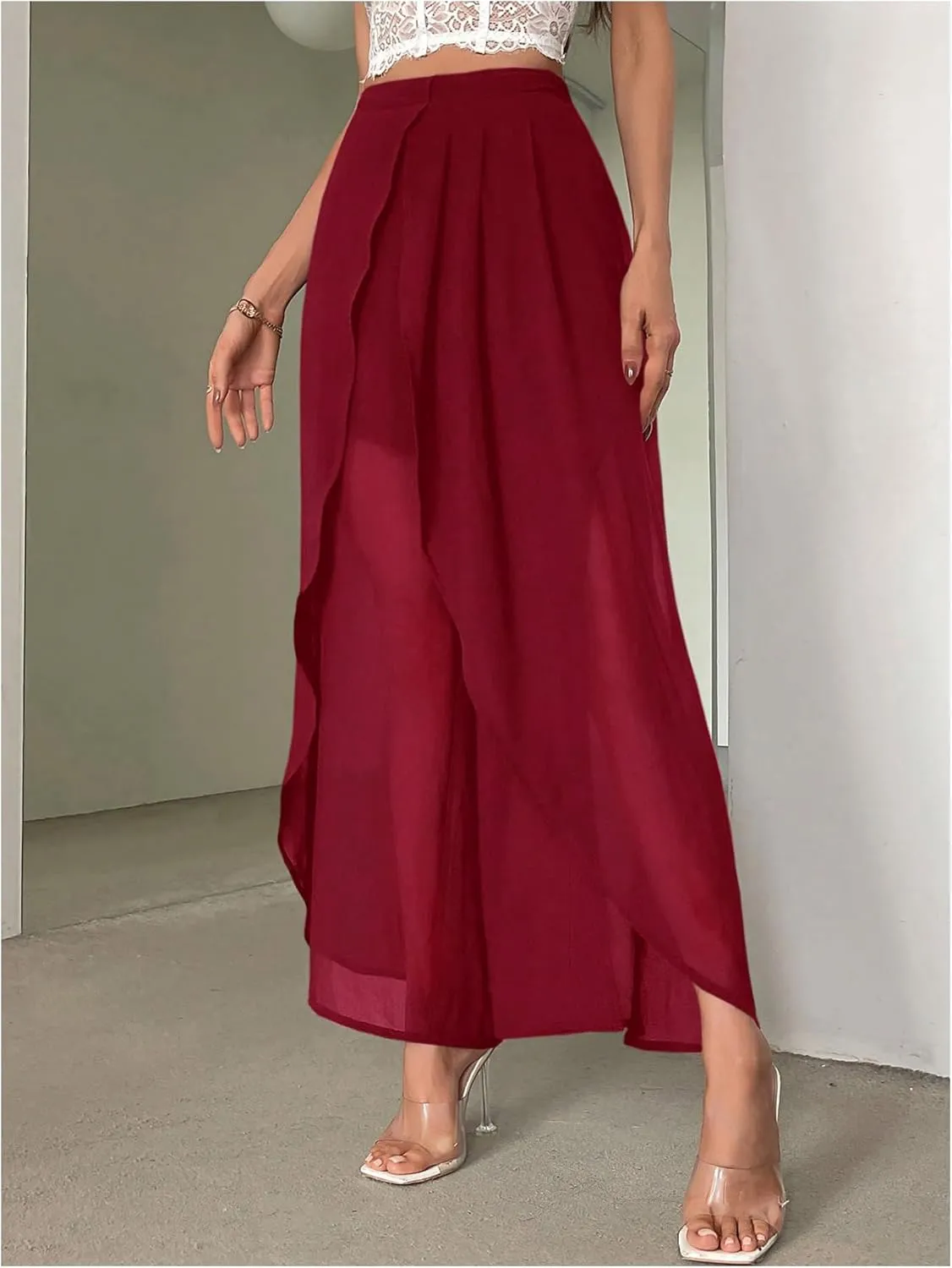 Women's High Waisted Split Pants Straight Leg Loose FIt Sheer Long Trousers