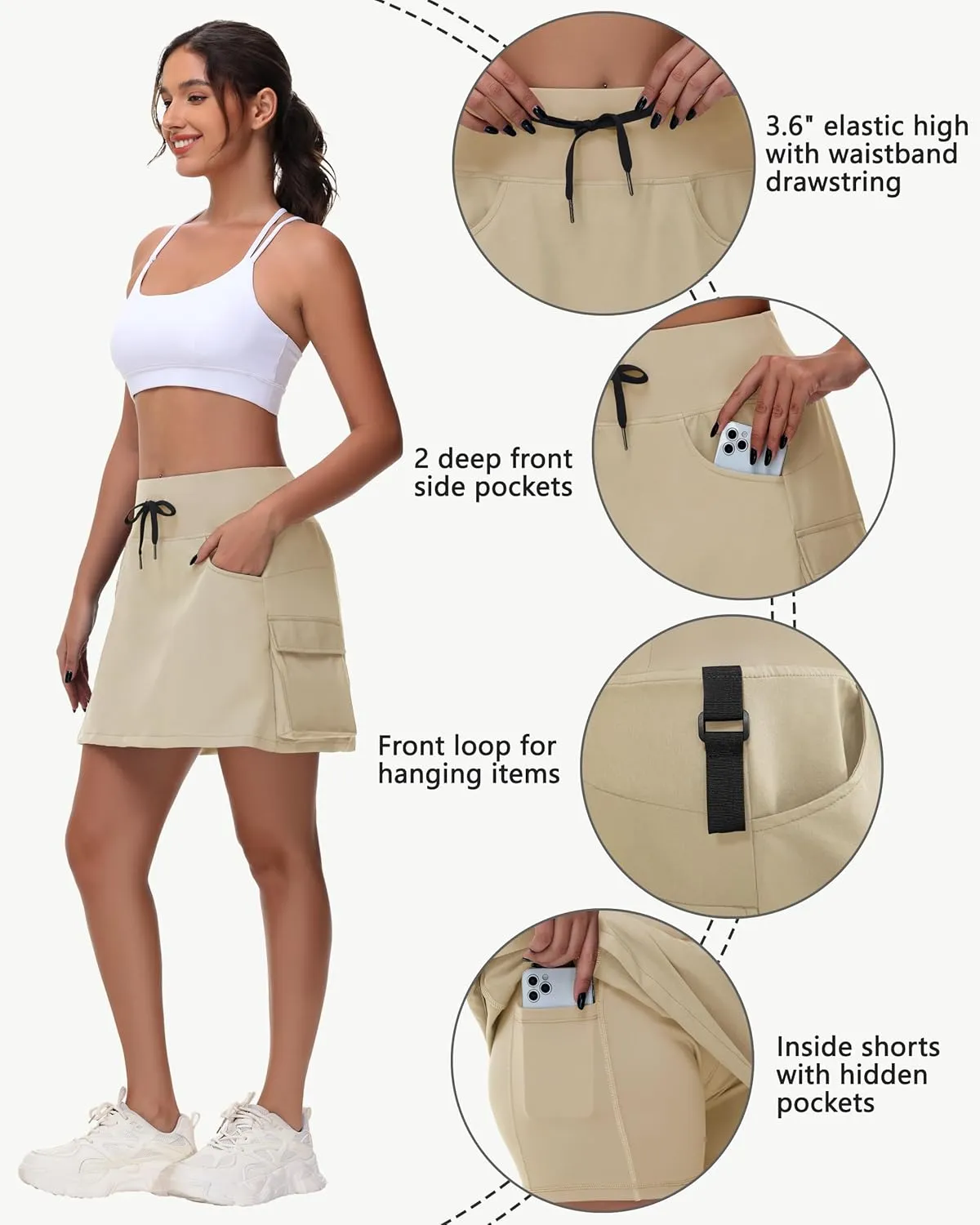Women's Hiking Cargo Skort Skirt - High Waisted Golf Dressy Casual Workout Sport Skirt with Liner Quick Dry UPF50
