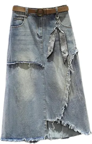 Women's Irregular Raw Edge Jeans Skirt Summer High Waisted A-Line Large Size Denim Skirt
