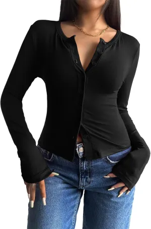 Women's Long Sleeve Shirts Crew Neck Button Down Cardigan T-Shirt Slim Fit Y2K Going Out Casual Fashion Tops