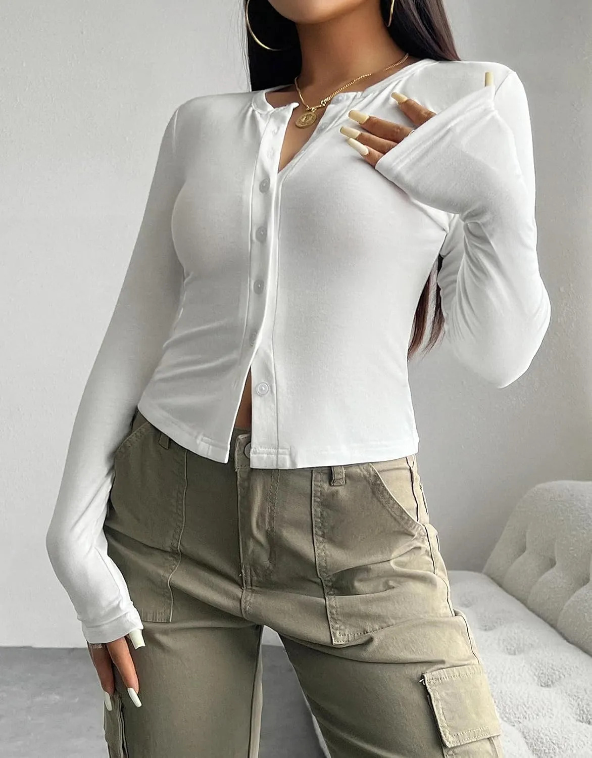 Women's Long Sleeve Shirts Crew Neck Button Down Cardigan T-Shirt Slim Fit Y2K Going Out Casual Fashion Tops