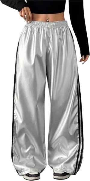 Women's Metallic Elastic Waist Sweatpants Side Stripe PU Leather Wide Leg Athletic Pants