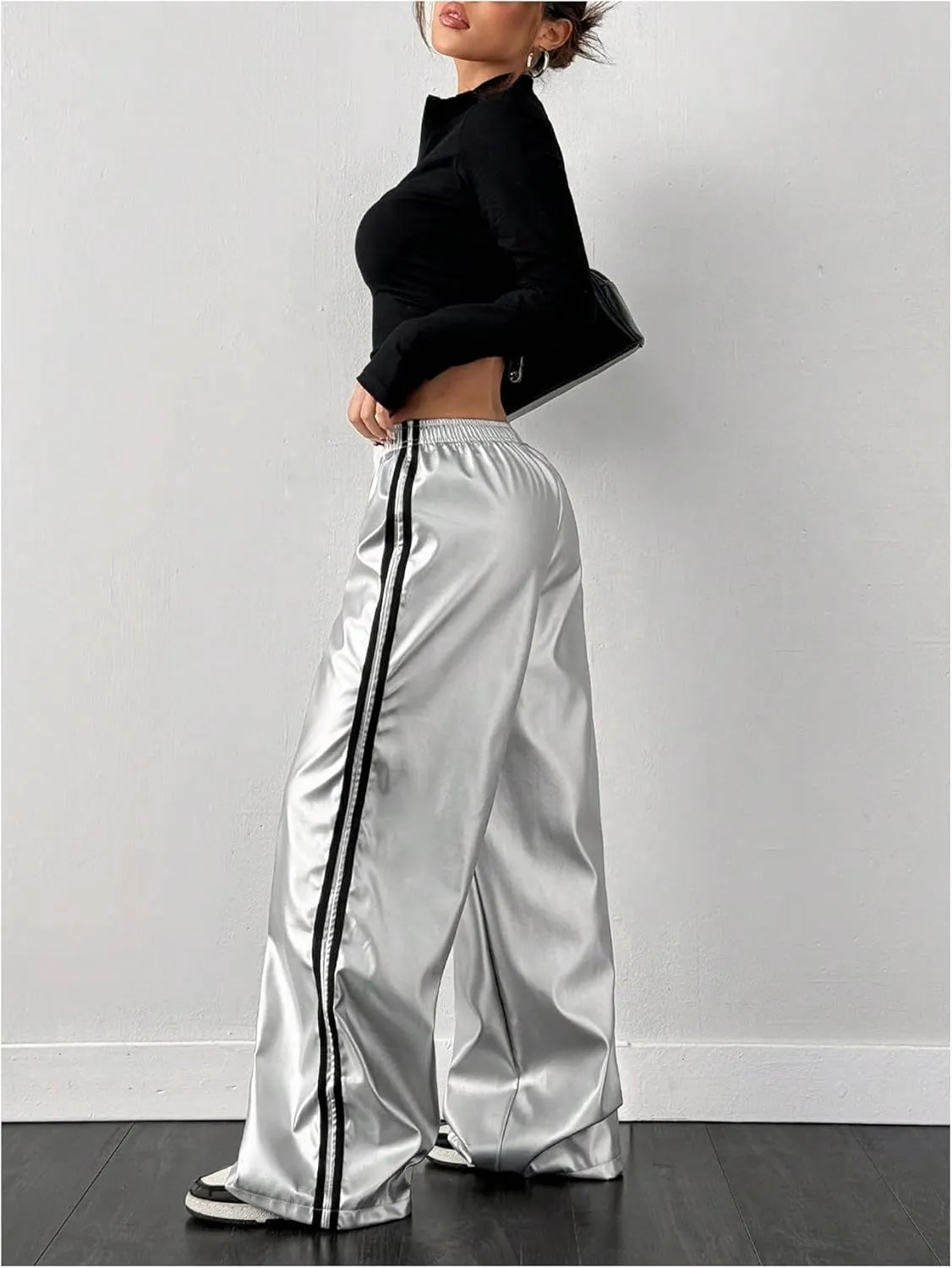 Women's Metallic Elastic Waist Sweatpants Side Stripe PU Leather Wide Leg Athletic Pants