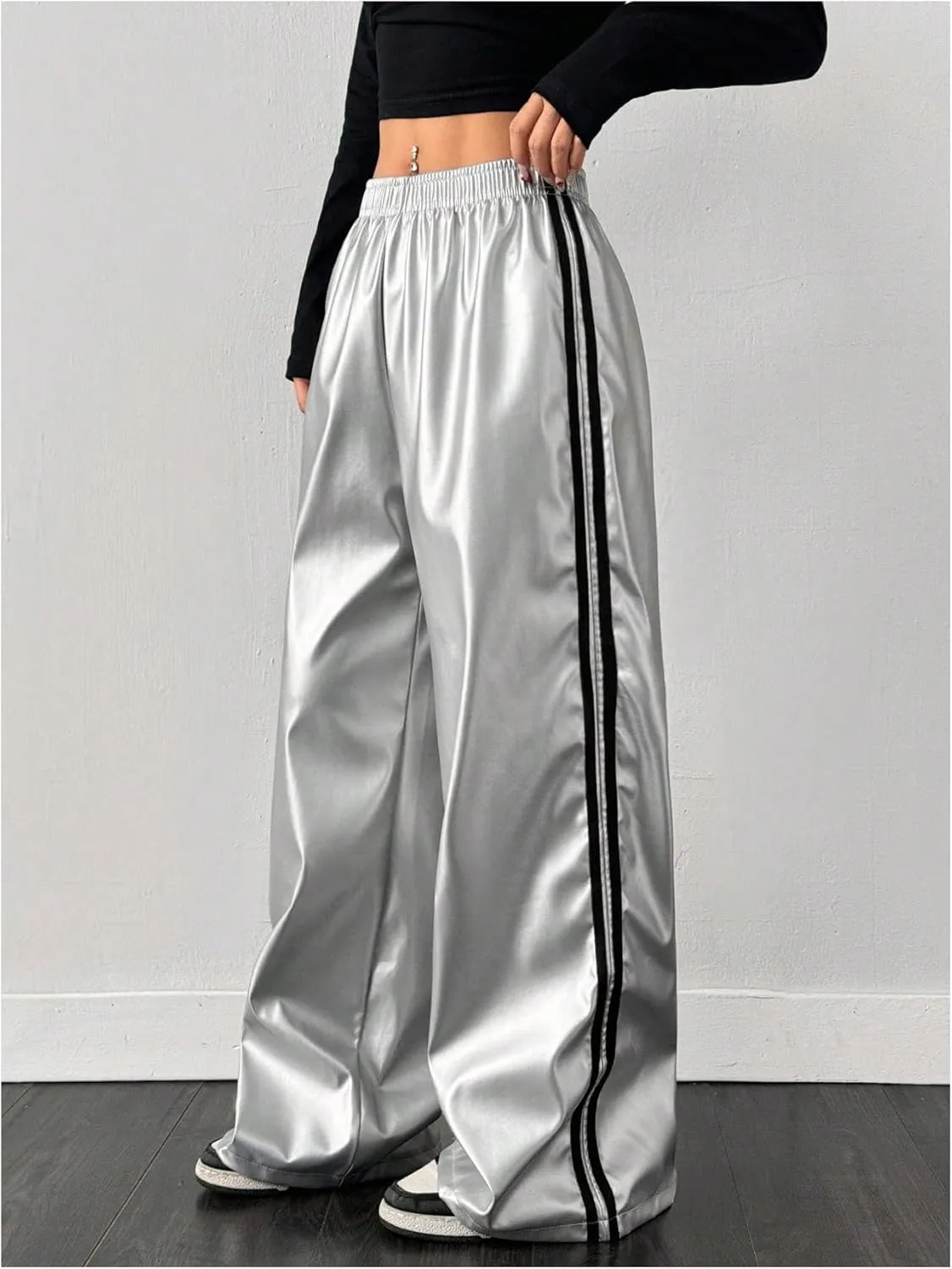 Women's Metallic Elastic Waist Sweatpants Side Stripe PU Leather Wide Leg Athletic Pants