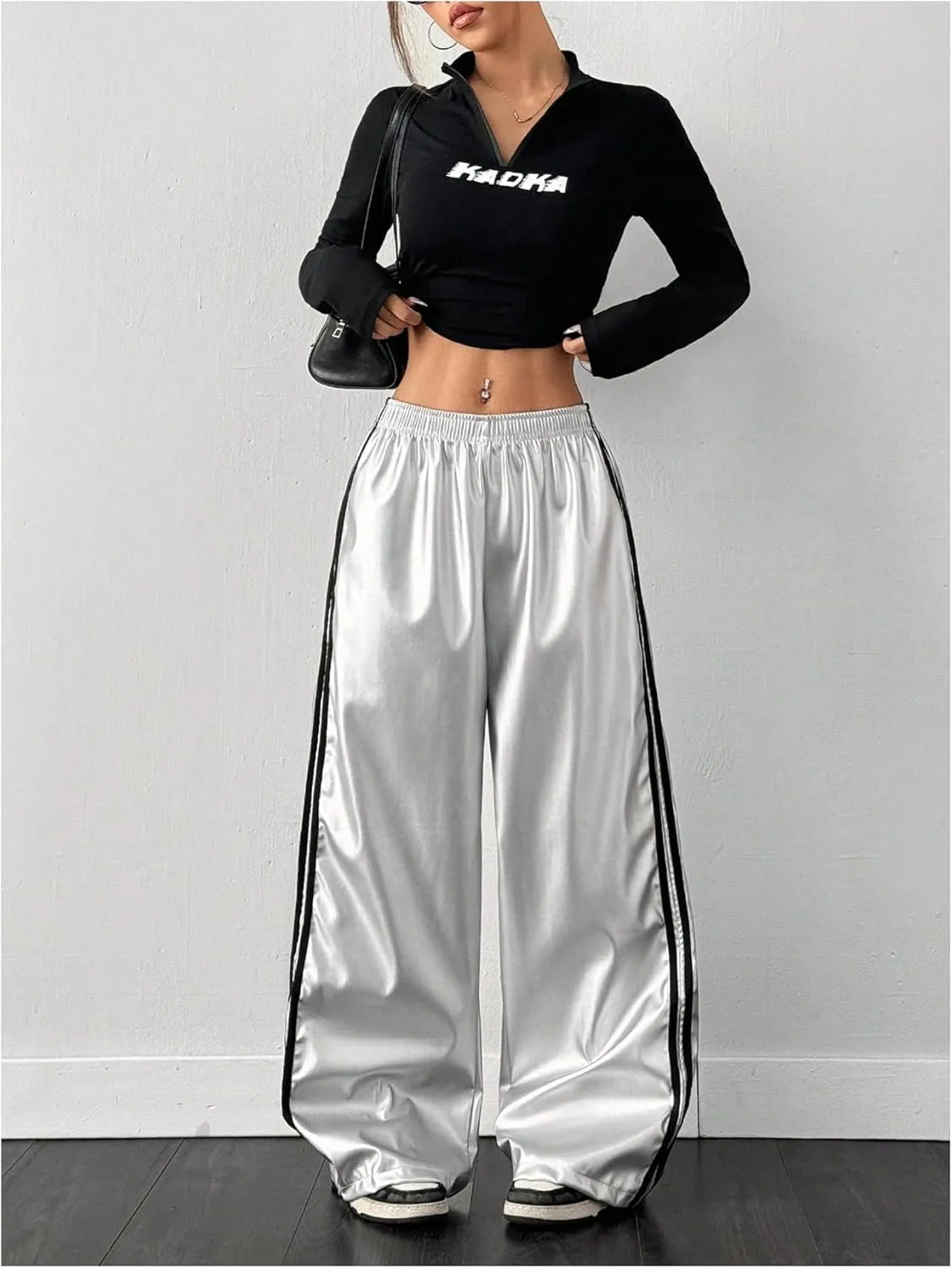 Women's Metallic Elastic Waist Sweatpants Side Stripe PU Leather Wide Leg Athletic Pants