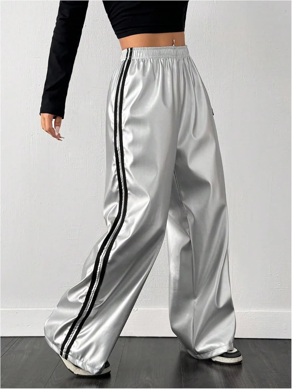Women's Metallic Elastic Waist Sweatpants Side Stripe PU Leather Wide Leg Athletic Pants