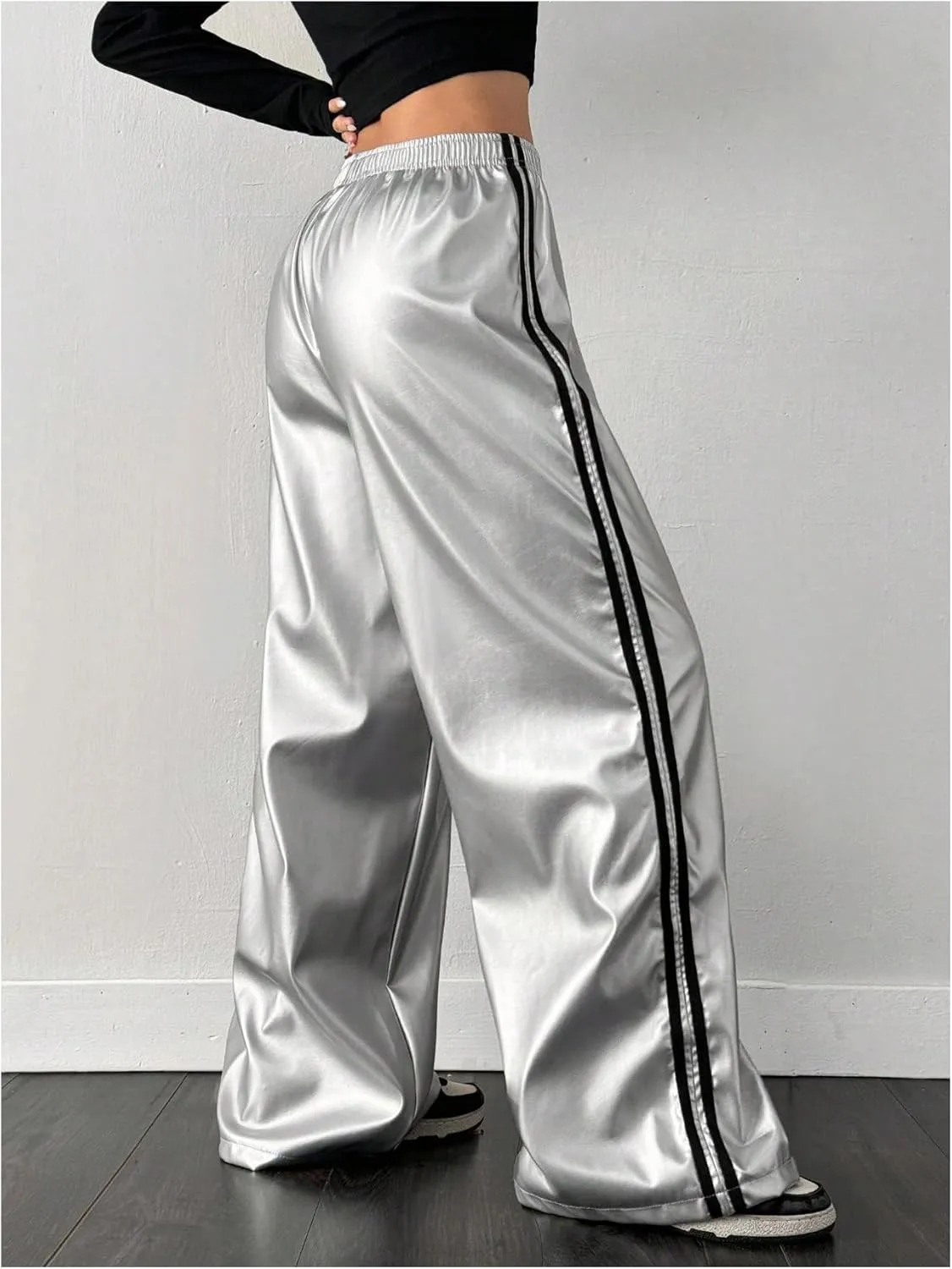 Women's Metallic Elastic Waist Sweatpants Side Stripe PU Leather Wide Leg Athletic Pants