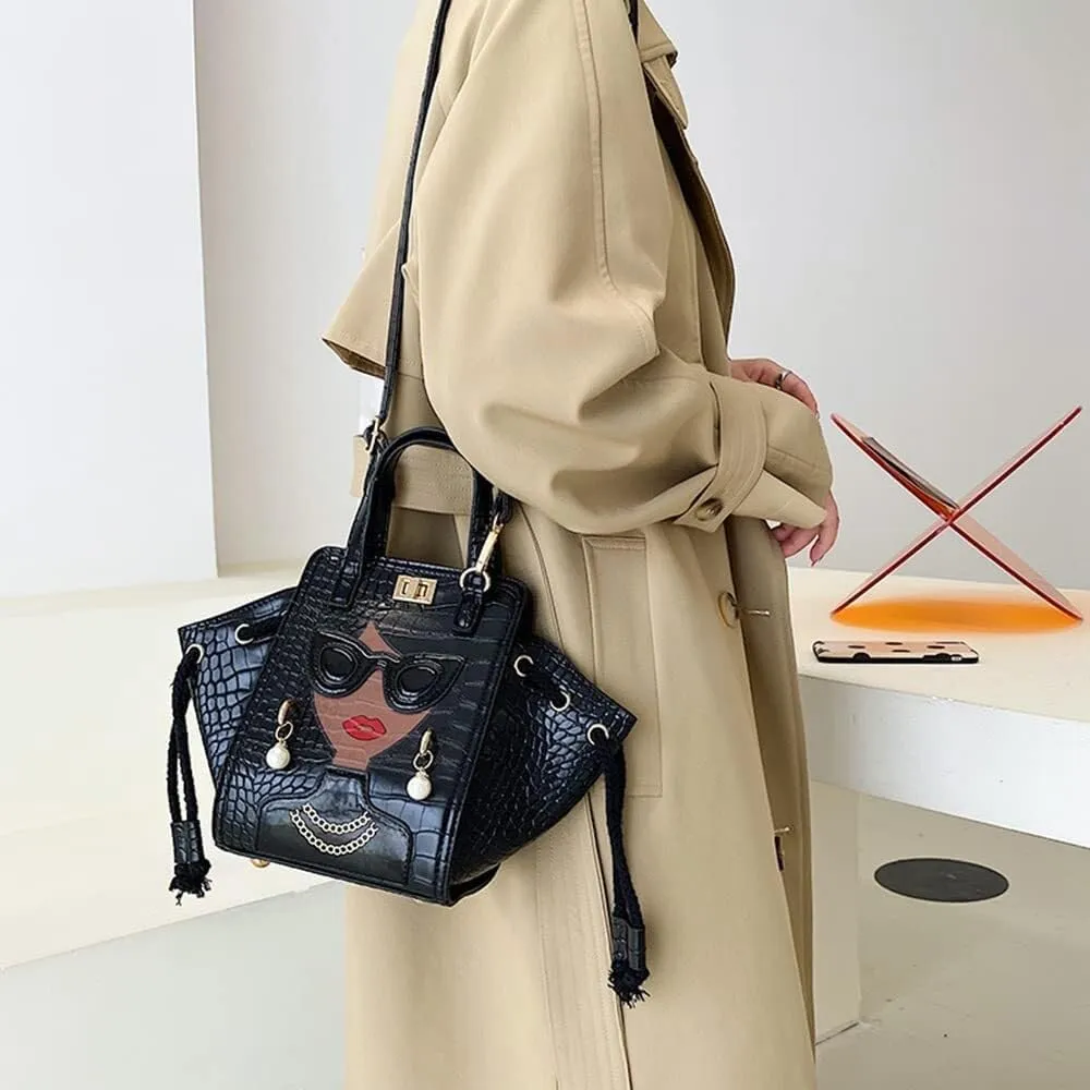 Women's Novelty Handbag 3D Lady Face Design with Crocodile Pattern Leather Funky Tote Crossbody Hobo Purse