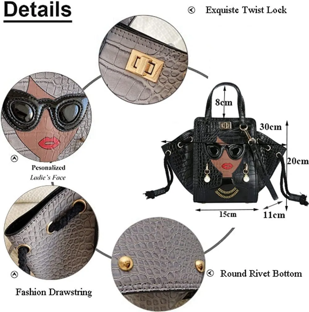 Women's Novelty Handbag 3D Lady Face Design with Crocodile Pattern Leather Funky Tote Crossbody Hobo Purse