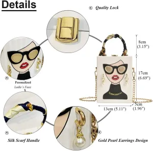 Women's Novelty Handbag 3D Lady Face Design with Crocodile Pattern Leather Funky Tote Crossbody Hobo Purse