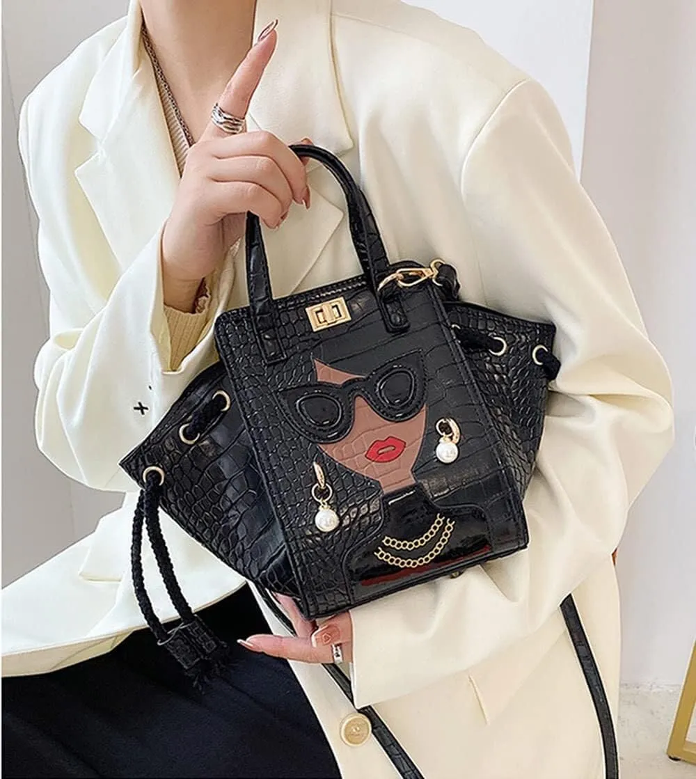Women's Novelty Handbag 3D Lady Face Design with Crocodile Pattern Leather Funky Tote Crossbody Hobo Purse