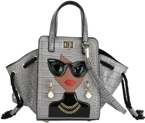 Women's Novelty Handbag 3D Lady Face Design with Crocodile Pattern Leather Funky Tote Crossbody Hobo Purse