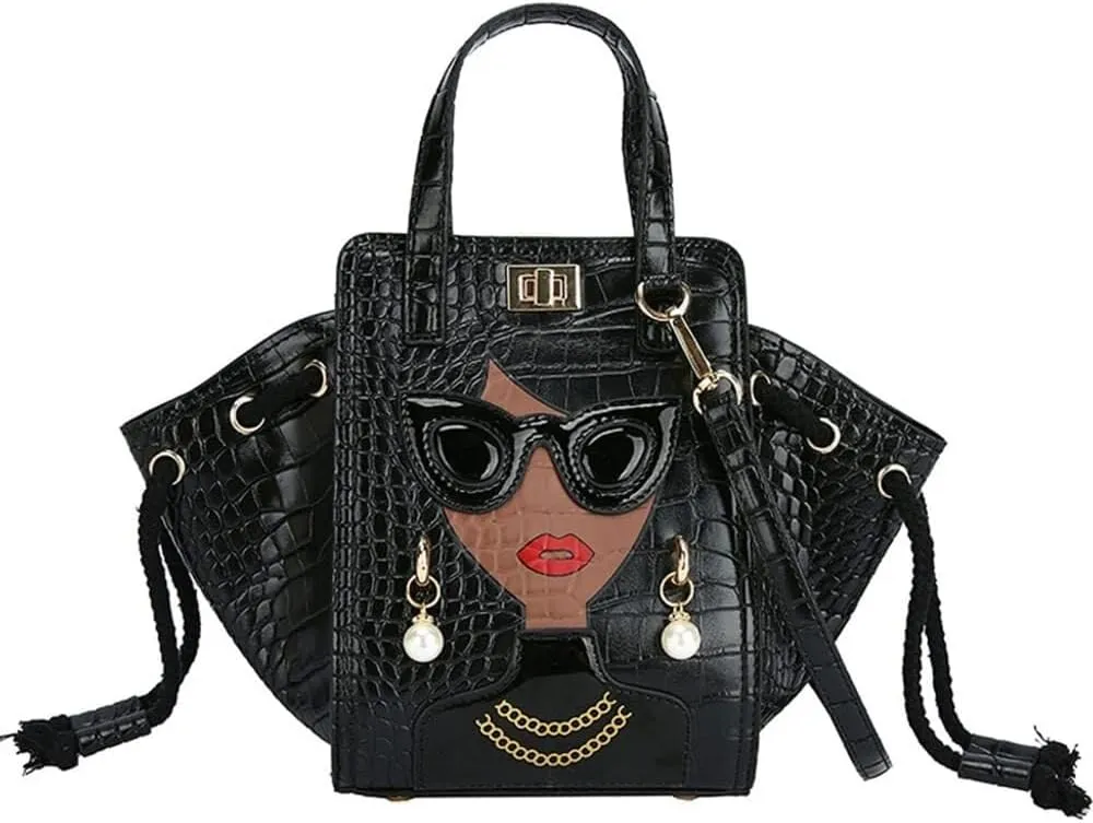 Women's Novelty Handbag 3D Lady Face Design with Crocodile Pattern Leather Funky Tote Crossbody Hobo Purse