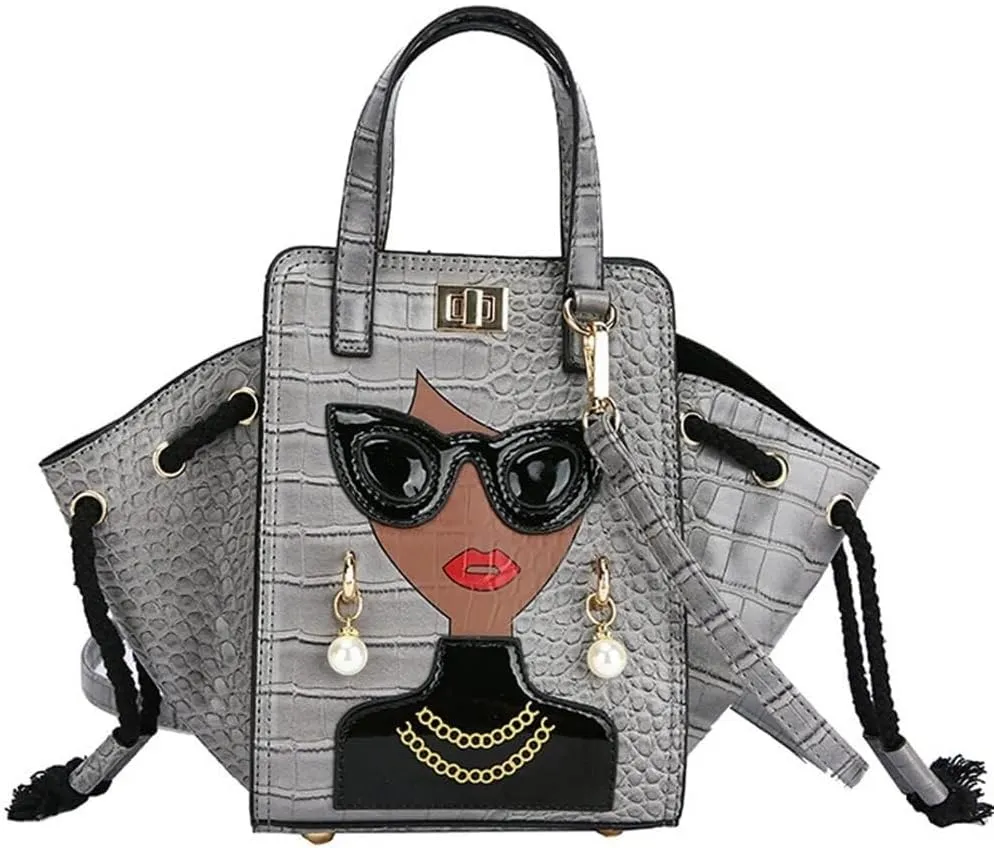Women's Novelty Handbag 3D Lady Face Design with Crocodile Pattern Leather Funky Tote Crossbody Hobo Purse