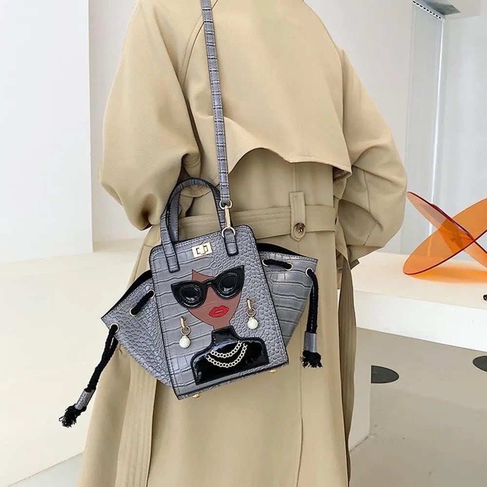 Women's Novelty Handbag 3D Lady Face Design with Crocodile Pattern Leather Funky Tote Crossbody Hobo Purse