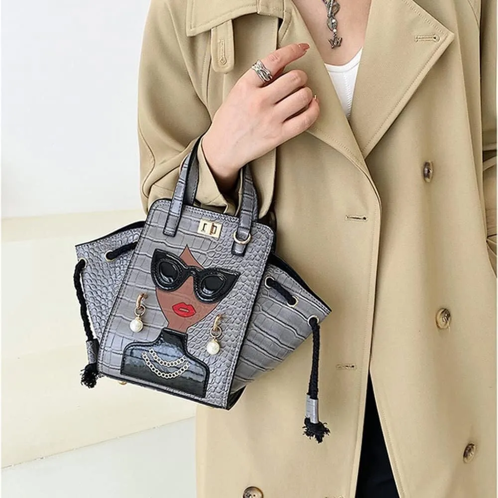 Women's Novelty Handbag 3D Lady Face Design with Crocodile Pattern Leather Funky Tote Crossbody Hobo Purse