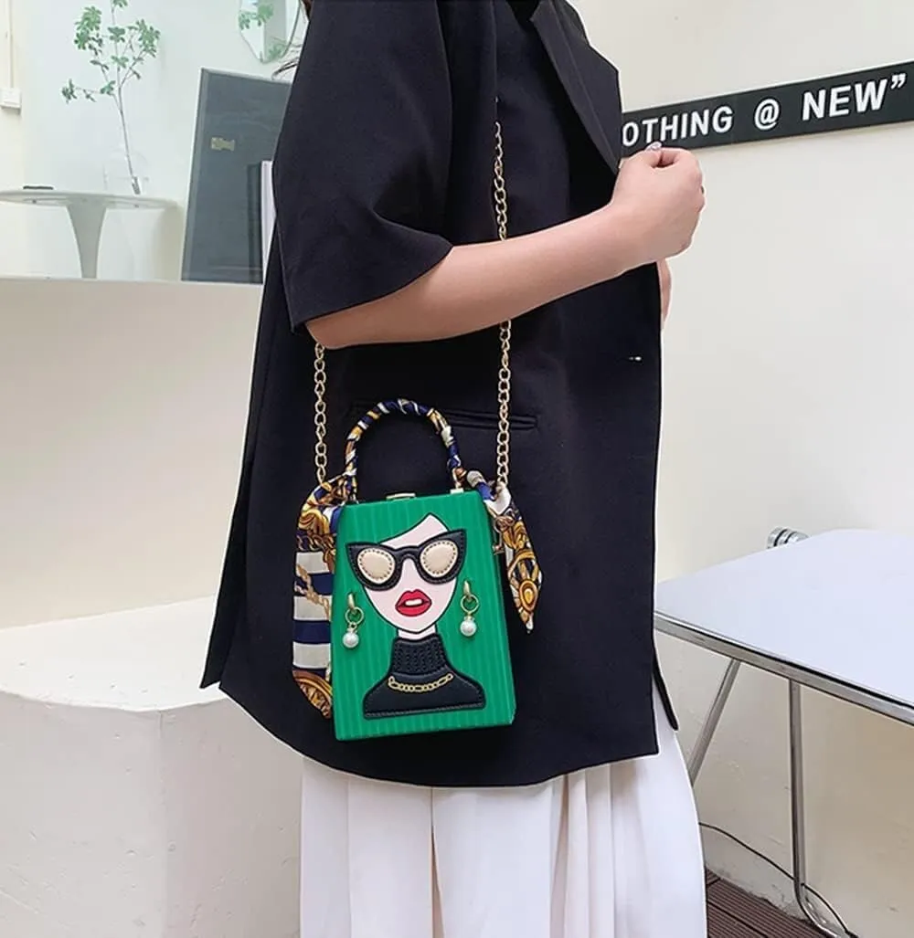 Women's Novelty Handbag 3D Lady Face Design with Crocodile Pattern Leather Funky Tote Crossbody Hobo Purse