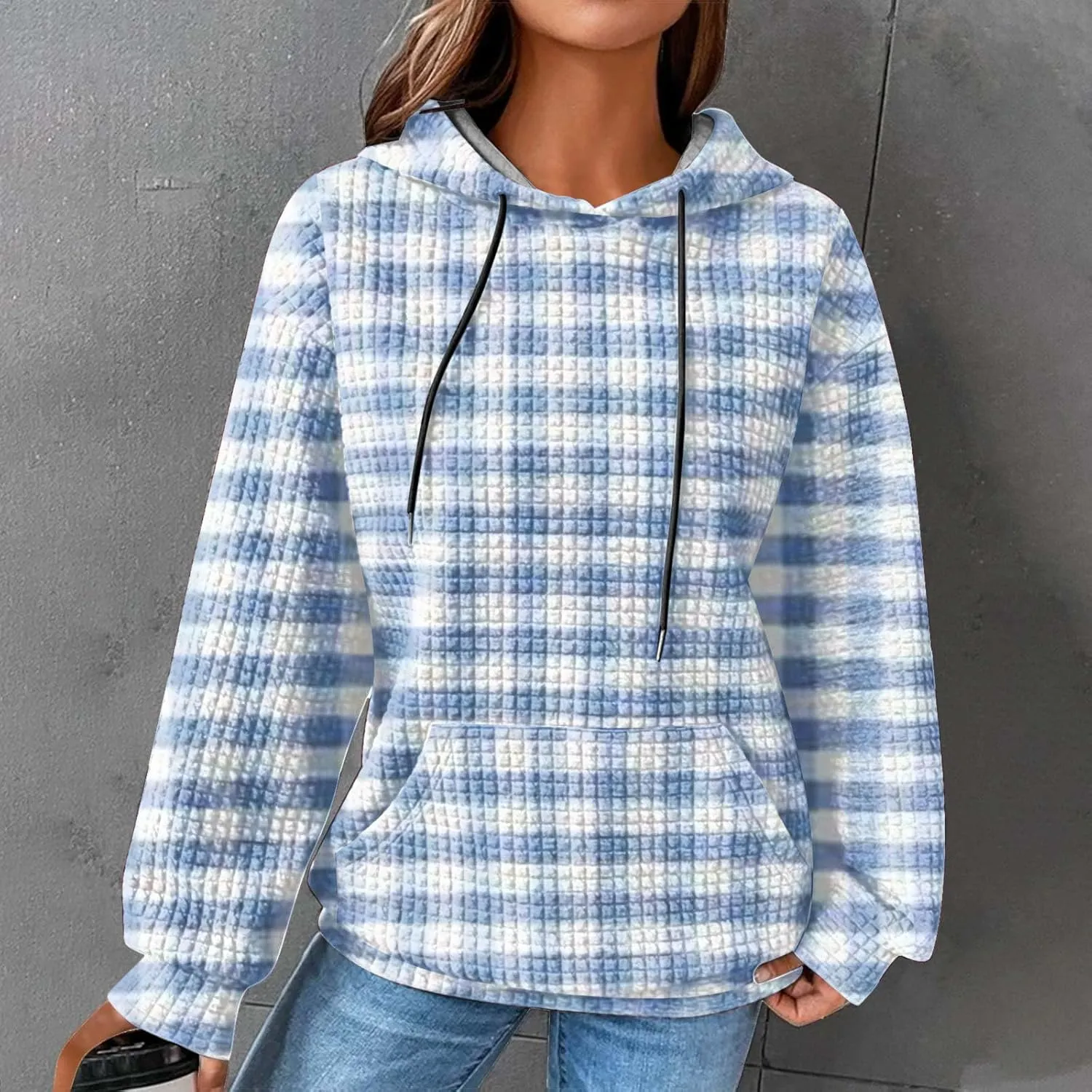 Womens Oversized Crewneck Sweatshirt Hooded Hoodie Long Sleeve Drawstring Waffle Pullover Trendy Shirts With Pocket