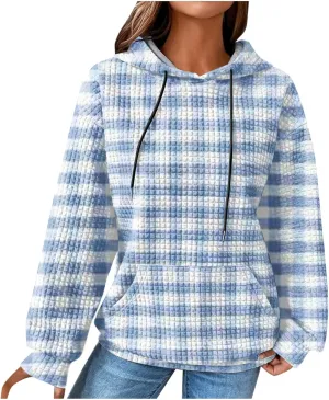 Womens Oversized Crewneck Sweatshirt Hooded Hoodie Long Sleeve Drawstring Waffle Pullover Trendy Shirts With Pocket