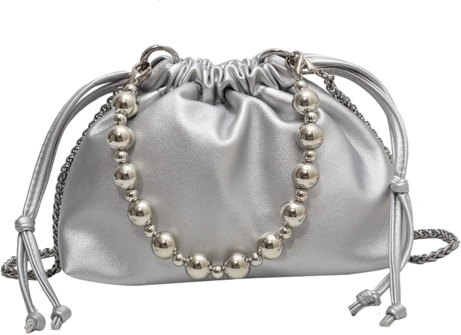 Women's PU Leather Crossbody Drawstring Shoulder Handbag Beads Bucket Bag Chain Satchel Purse for Prom Party Weddingbag220OWOISS