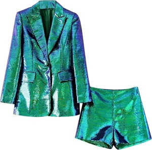Womens Sequins Blazer Jacket Shorts Set Womens Tuxedo Suits for Women 2 Piece Sets Casual Outfits Dressy Christmas Wedding