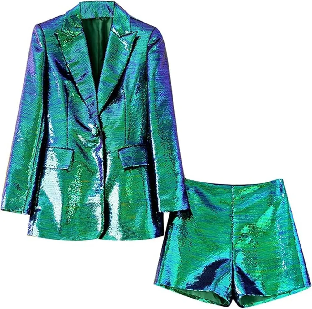 Womens Sequins Blazer Jacket Shorts Set Womens Tuxedo Suits for Women 2 Piece Sets Casual Outfits Dressy Christmas Wedding