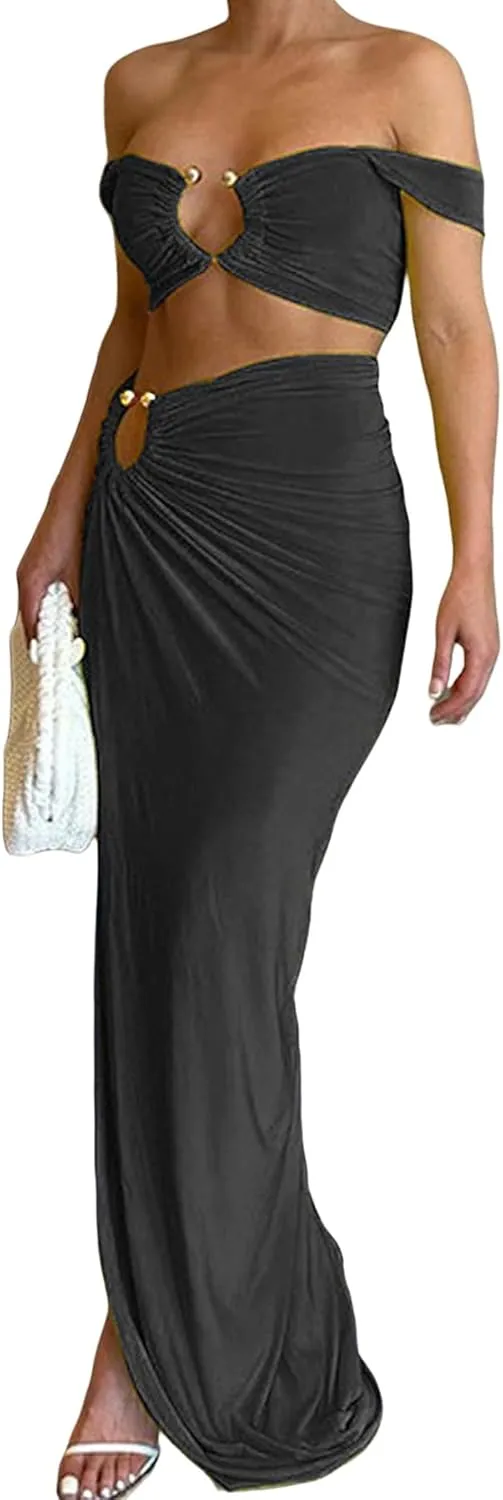 Women's Sexy 2 Piece Maxi Skirt Sets O-Ring Hollow Out Off Shoulder Crop Top High Slit Long Dress Set