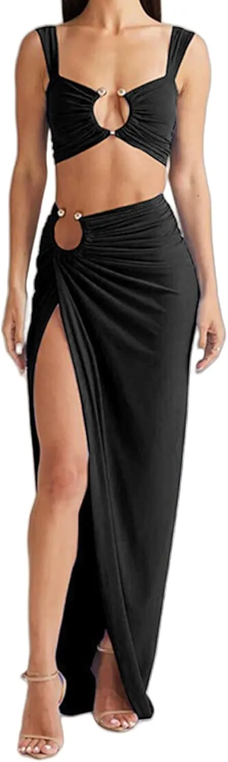 Women's Sexy 2 Piece Maxi Skirt Sets O-Ring Hollow Out Off Shoulder Crop Top High Slit Long Dress Set