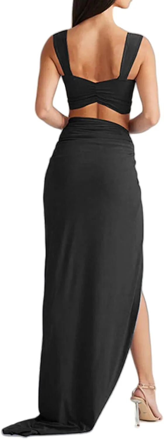 Women's Sexy 2 Piece Maxi Skirt Sets O-Ring Hollow Out Off Shoulder Crop Top High Slit Long Dress Set