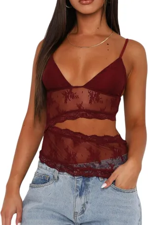 Womens Sexy Lace Cami Top Spaghetti Strap Low Cut Sleeveless Backless Floral Mesh Tank Tops Y2K Club Party Shirt