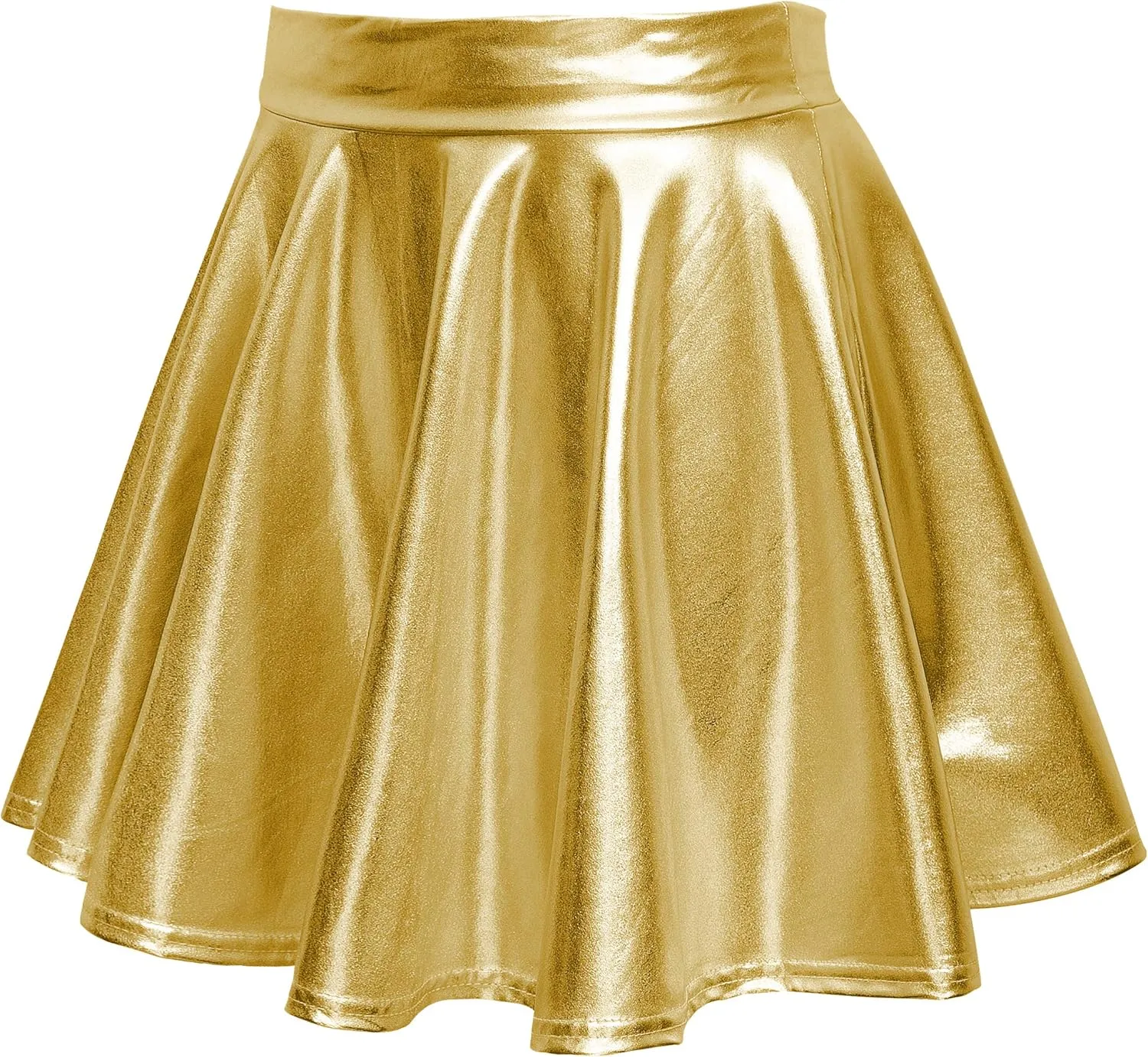 Women's Shiny Metallic Wet Look Stretchy Flared Mini Skater Skirt