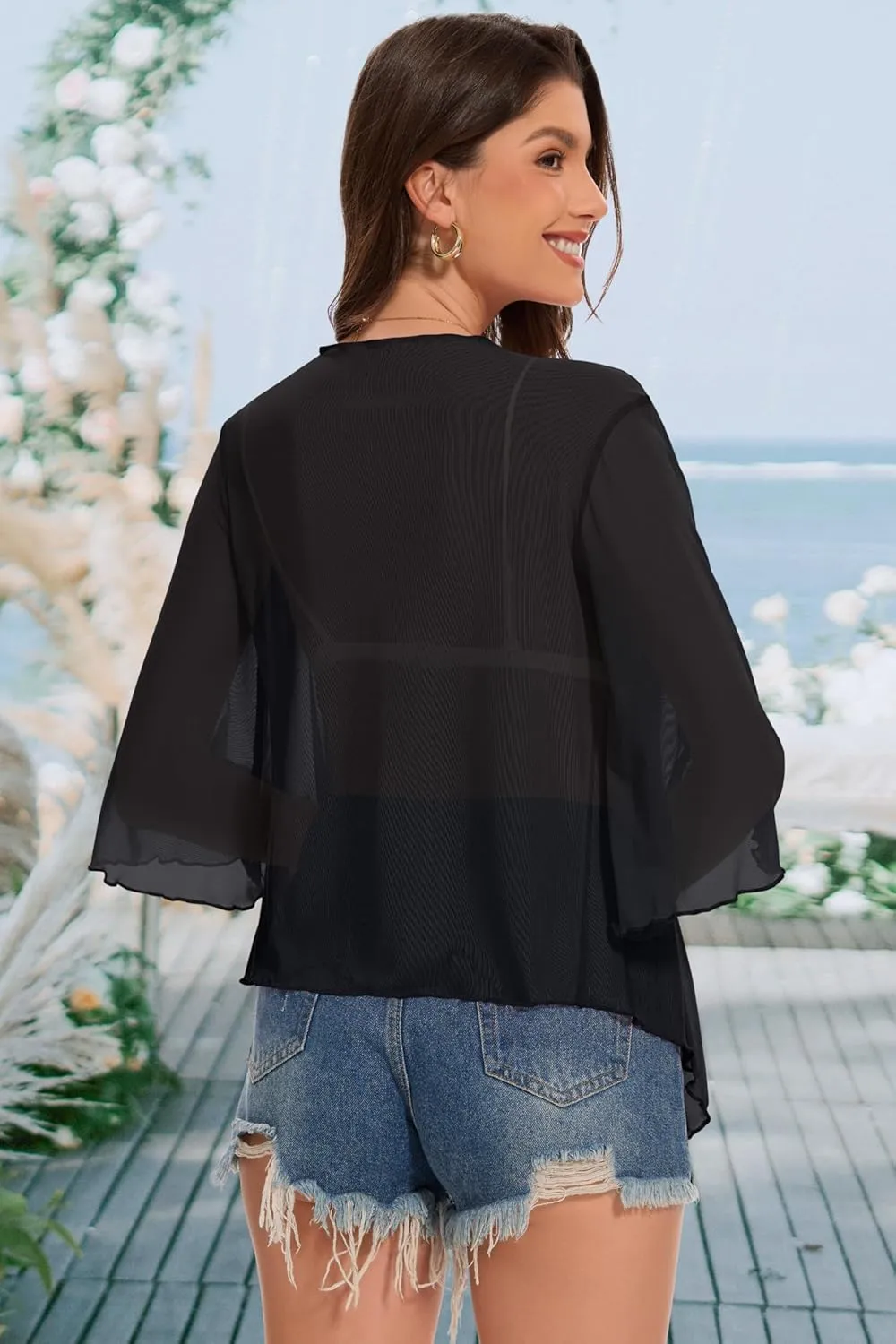 Women's Short Cardigan Bolero Shrug Sheer Tie Front Top 3/4 Sleeve Jacket for Dress