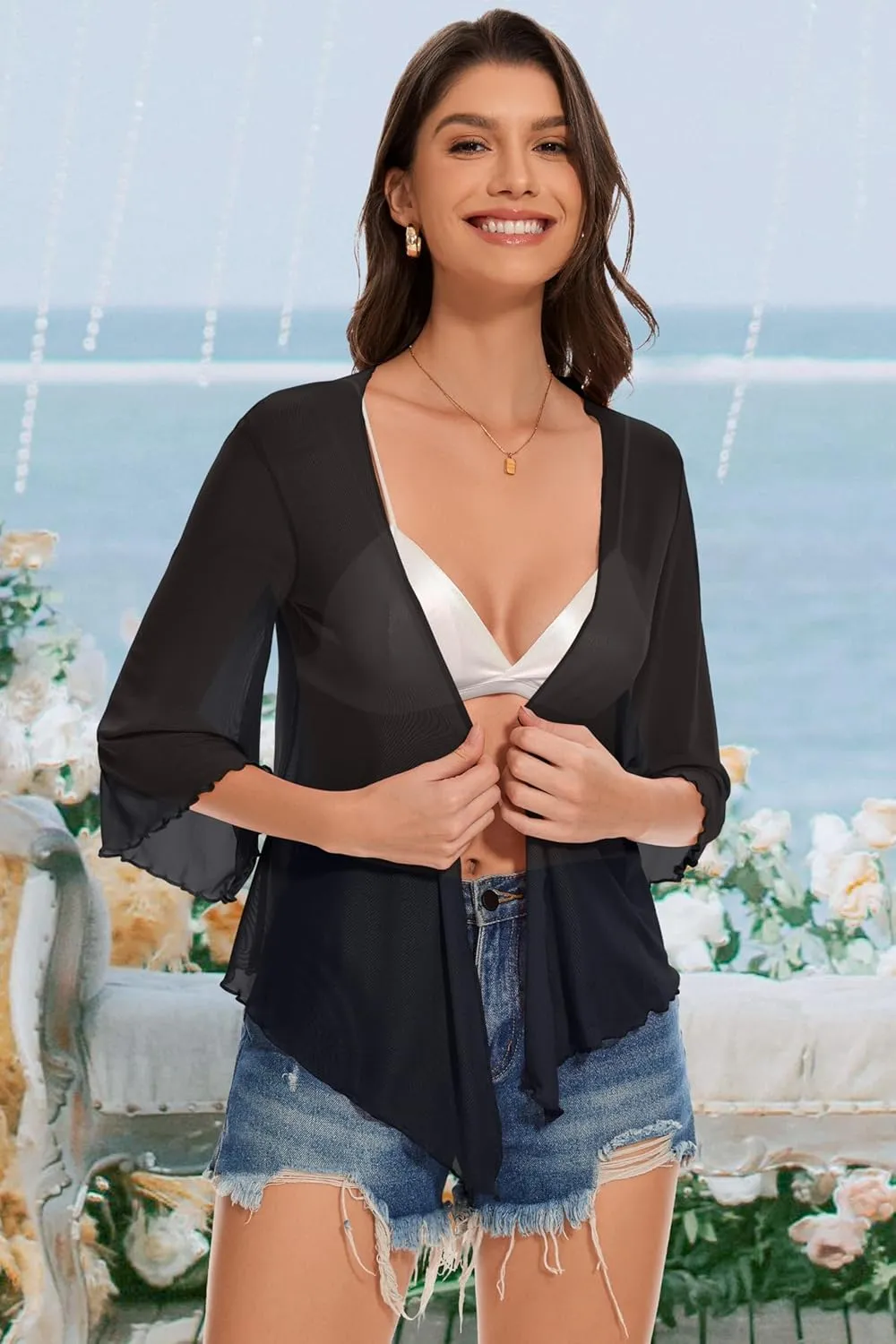 Women's Short Cardigan Bolero Shrug Sheer Tie Front Top 3/4 Sleeve Jacket for Dress