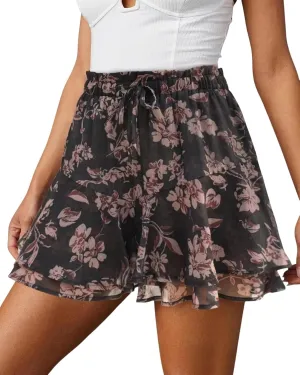 Womens Skorts Floral Ruffled Chiffon Mini Skirts,Casual Boho Ruffle Tiered Skorts,Summer Casual Flowy Mini Skirts(B,Medium)