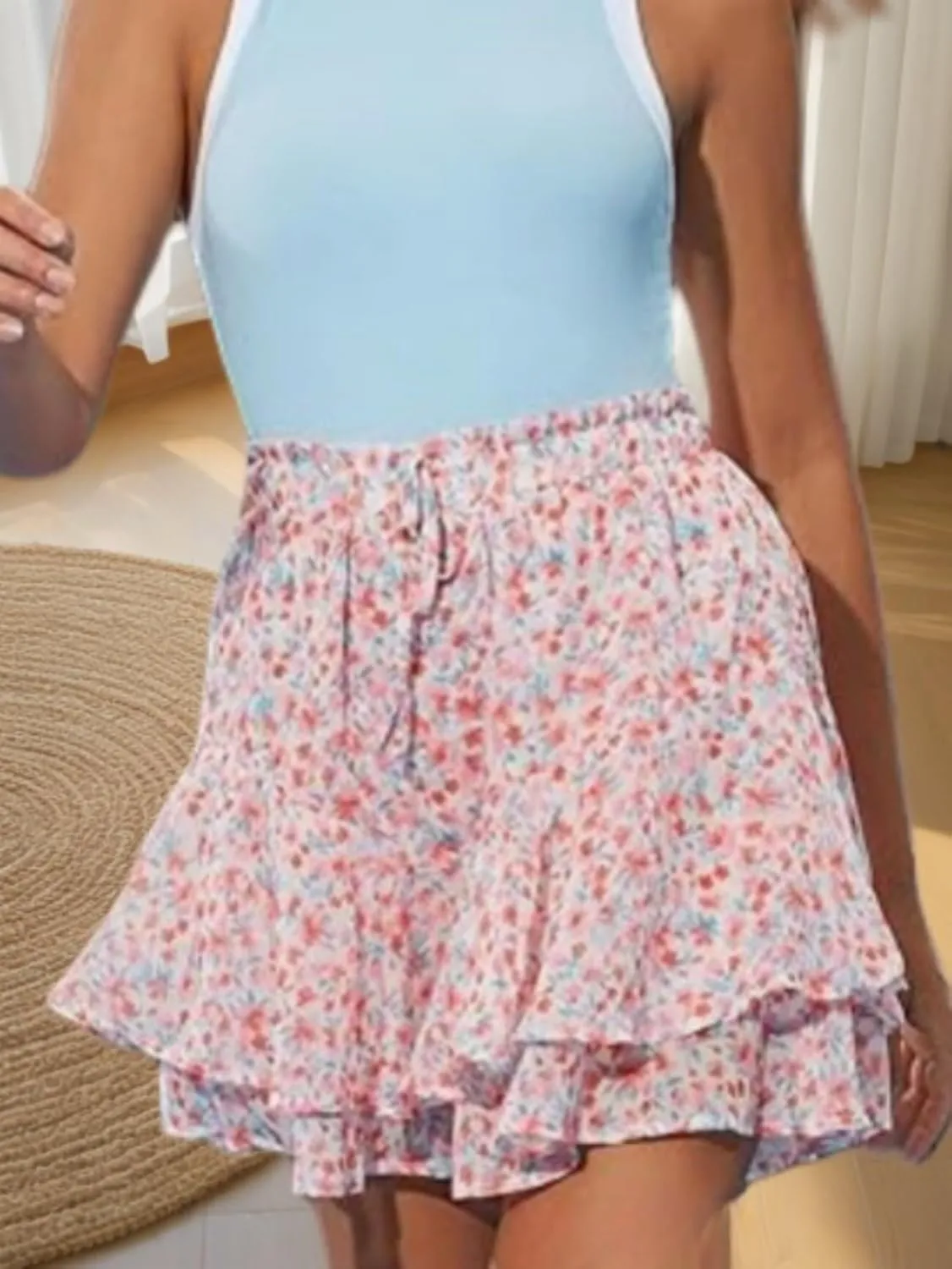 Womens Skorts Floral Ruffled Chiffon Mini Skirts,Casual Boho Ruffle Tiered Skorts,Summer Casual Flowy Mini Skirts(B,Medium)