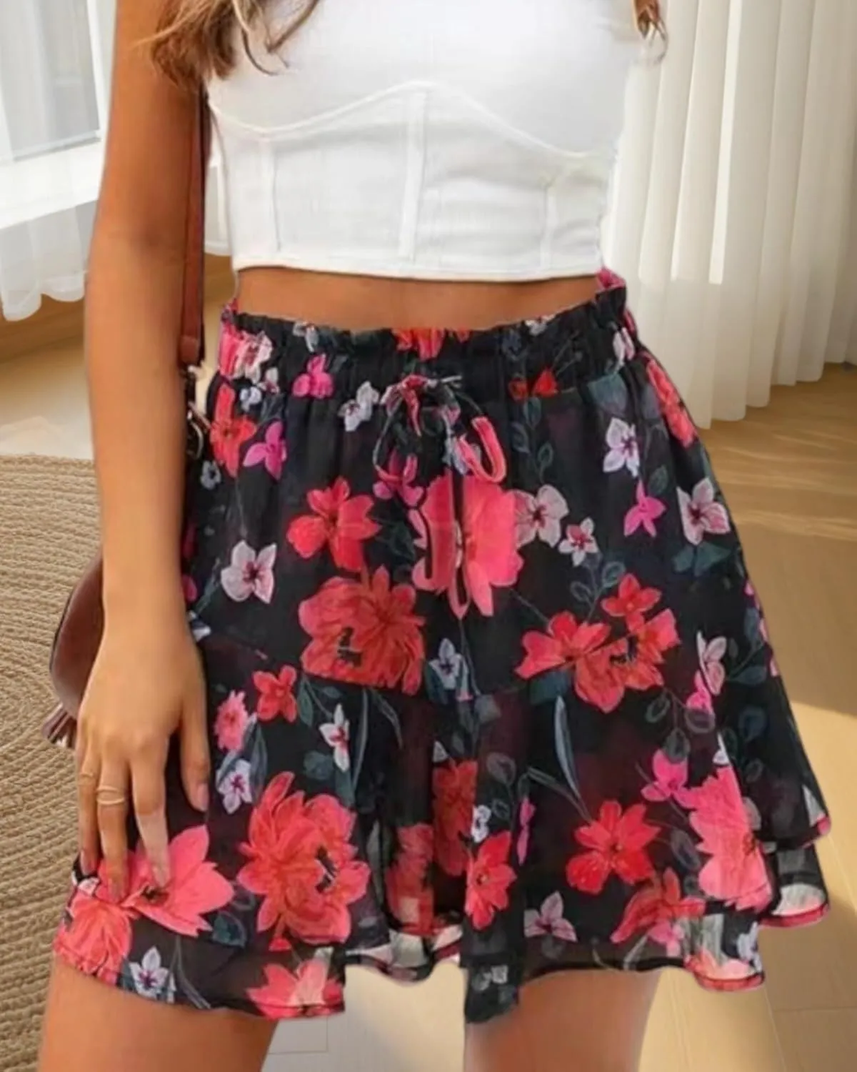 Womens Skorts Floral Ruffled Chiffon Mini Skirts,Casual Boho Ruffle Tiered Skorts,Summer Casual Flowy Mini Skirts(B,Medium)