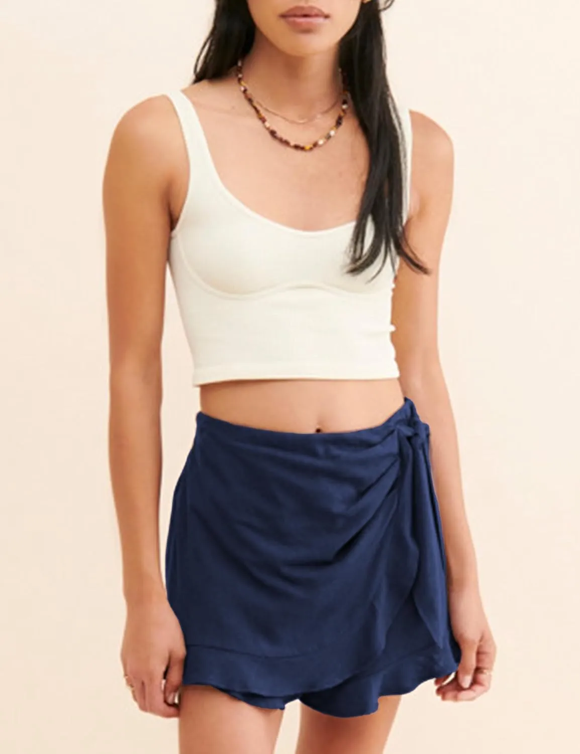 Women's Summer Casual Ruffle Trim High Waist Skort Front Tie Wrap Shorts Skirt Pull On Vacation Skirt