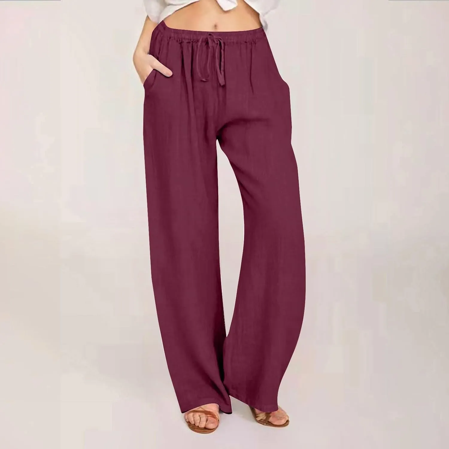 Womens Summer Cotton Pants Dressy Casual High Waisted Drawstring Lounge Trousers Loose Wide Legged Flwoy Beach Pant