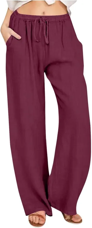 Womens Summer Cotton Pants Dressy Casual High Waisted Drawstring Lounge Trousers Loose Wide Legged Flwoy Beach Pant