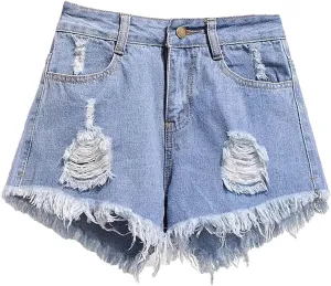 Women's Summer High Waisted Denim Shorts Loose Hole Wide Leg A-Line Hot Pants Ruffled Short Jeans
