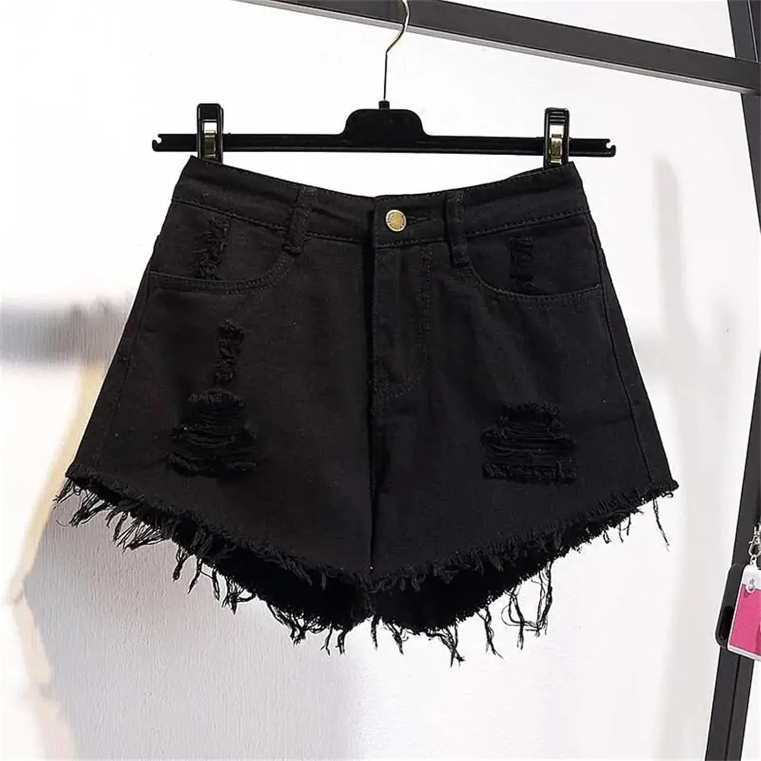 Women's Summer High Waisted Denim Shorts Loose Hole Wide Leg A-Line Hot Pants Ruffled Short Jeans