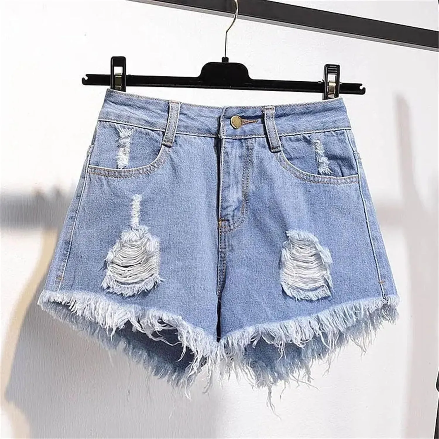 Women's Summer High Waisted Denim Shorts Loose Hole Wide Leg A-Line Hot Pants Ruffled Short Jeans