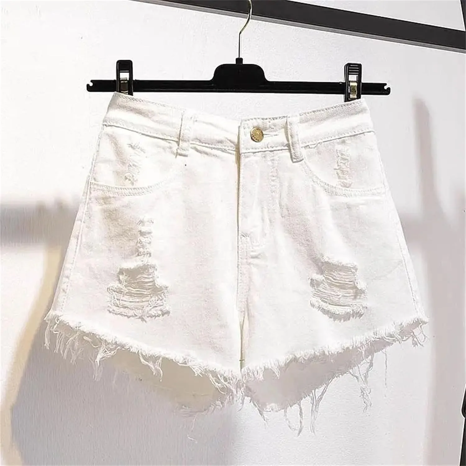 Women's Summer High Waisted Denim Shorts Loose Hole Wide Leg A-Line Hot Pants Ruffled Short Jeans
