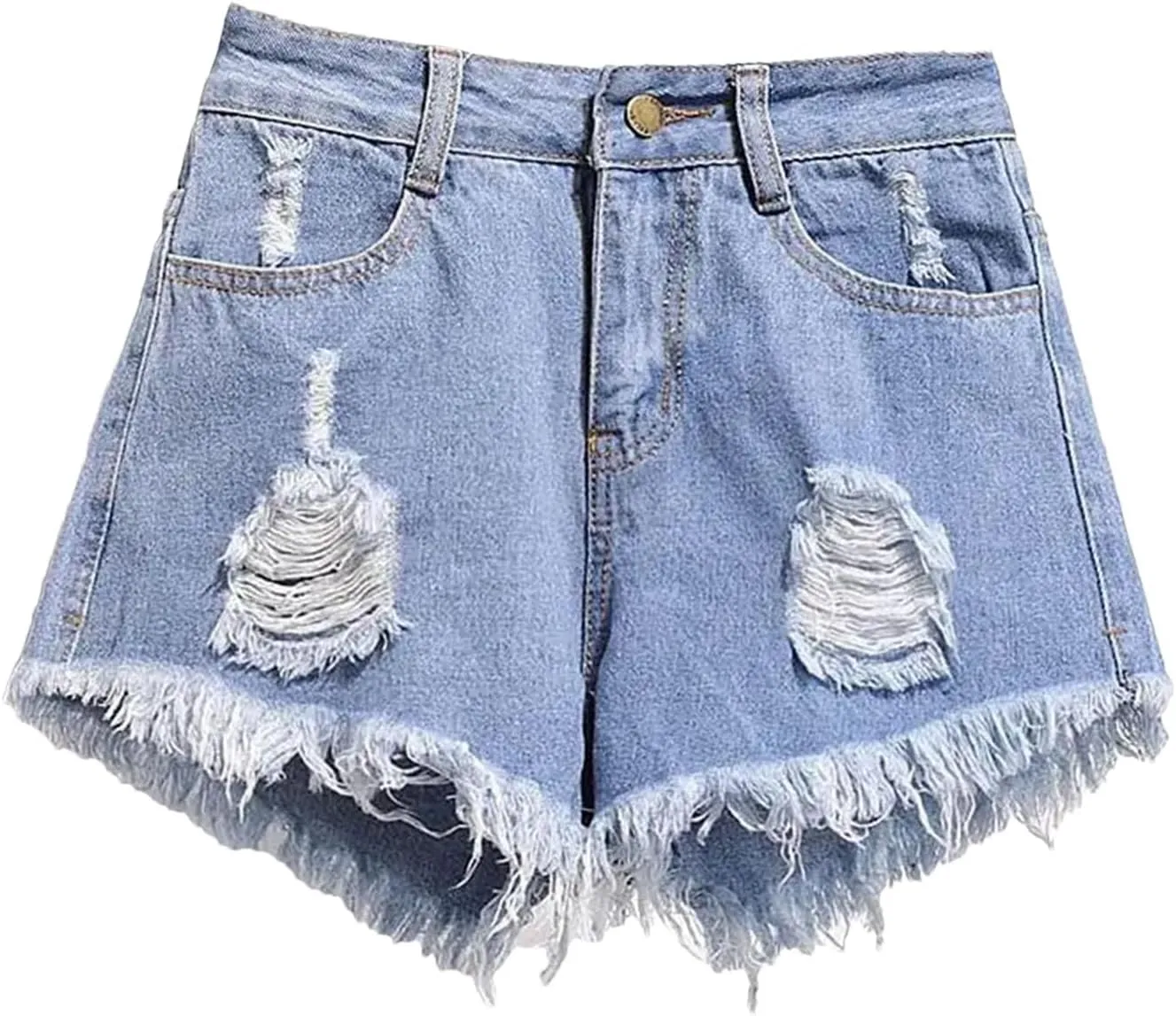 Women's Summer High Waisted Denim Shorts Loose Hole Wide Leg A-Line Hot Pants Ruffled Short Jeans