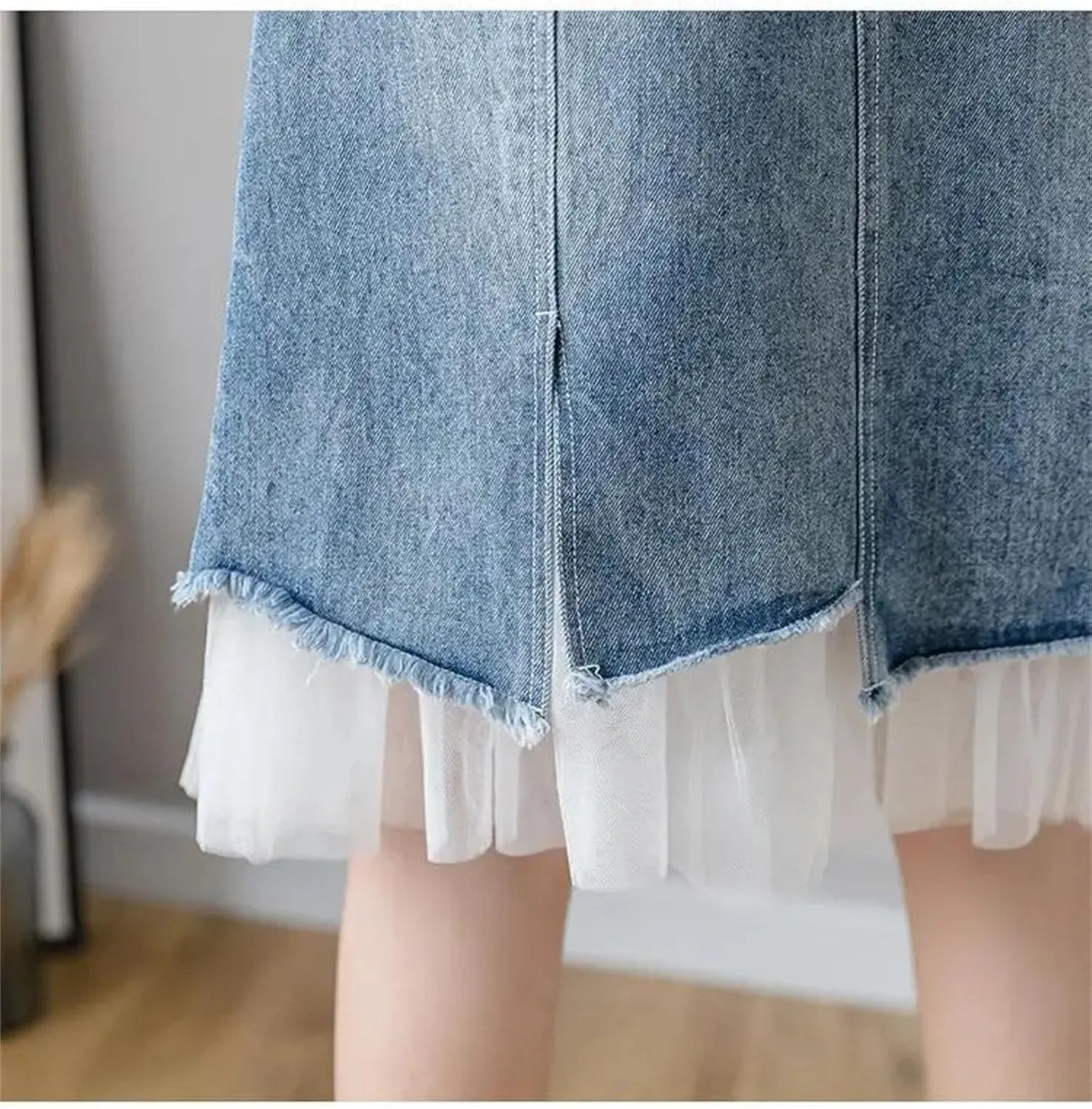 Women's Summer High-Waisted Split Denim Skirt Mesh Patchwork Irregular A-Line Jeans Skirts