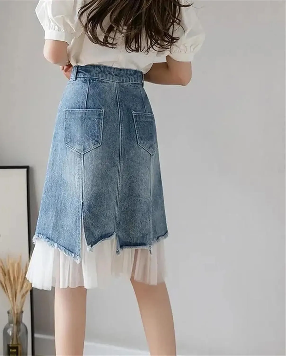 Women's Summer High-Waisted Split Denim Skirt Mesh Patchwork Irregular A-Line Jeans Skirts