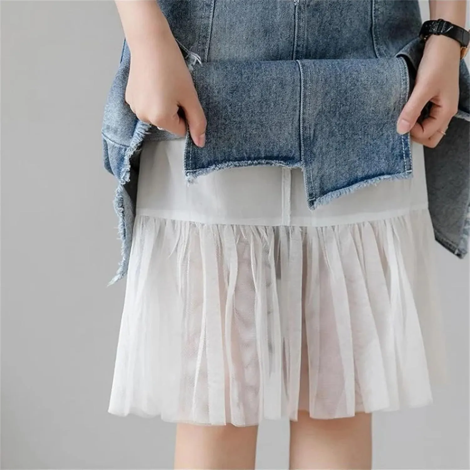 Women's Summer High-Waisted Split Denim Skirt Mesh Patchwork Irregular A-Line Jeans Skirts
