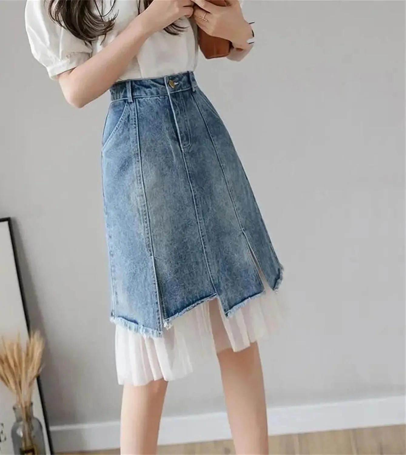 Women's Summer High-Waisted Split Denim Skirt Mesh Patchwork Irregular A-Line Jeans Skirts