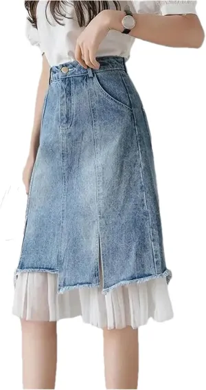 Women's Summer High-Waisted Split Denim Skirt Mesh Patchwork Irregular A-Line Jeans Skirts