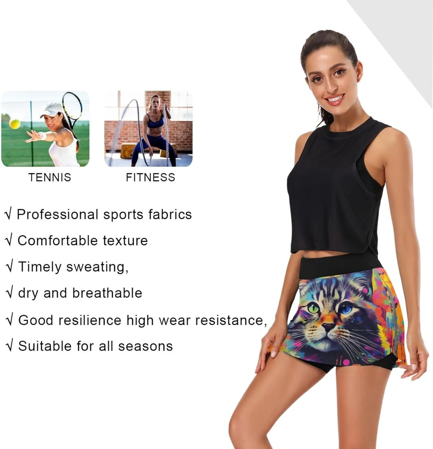 Womens Tennis Skirt High Waisted Workout Casual Golf Skort Painted Cat Athletic Skirts with Pocket